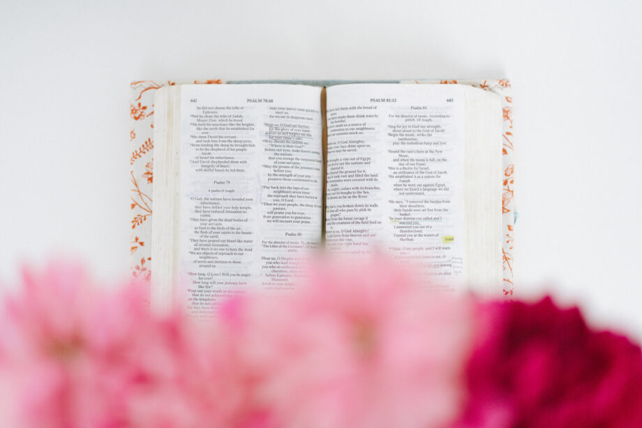 open bible with flowers